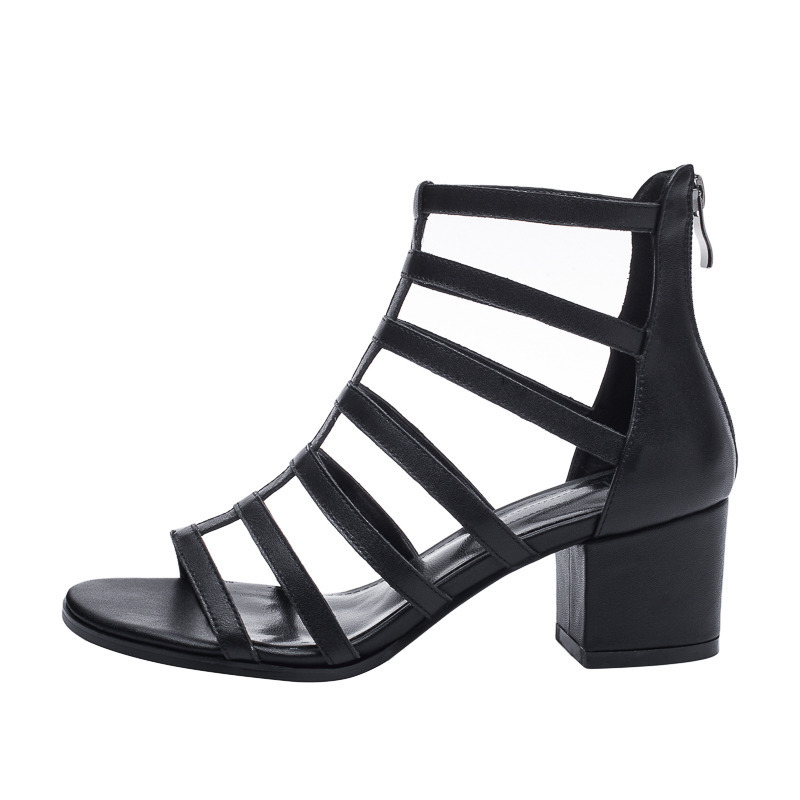 Sandal nữ cao gót siêu cao da bò kiểu La Mã cổ cao gót thô — Màu đen chi tiết 29