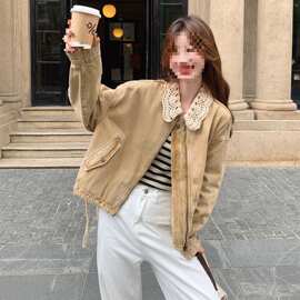 甜酷复古针织钩花翻领黄色牛仔外套女春秋超好看洋气减龄夹克