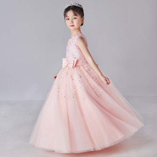 Girls dress sleeveless long sequined bow dress tutu skirt princess dress performance dress evening dress