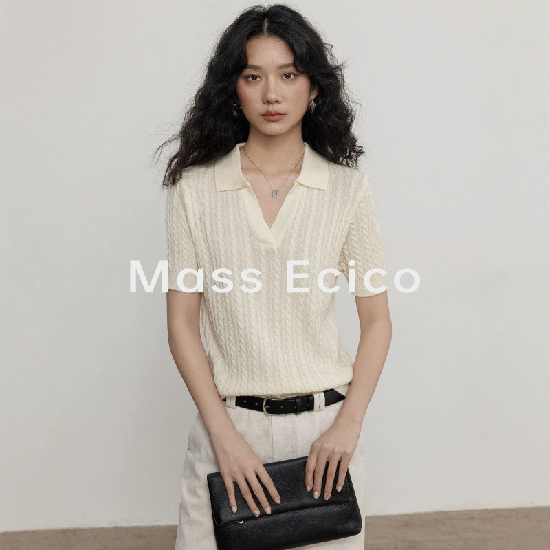 Mass Ecic Old Money Style Commuter Lapel Short-Sleeved Pullover Knitwear for Women Summer New Solid Color V-Neck Top