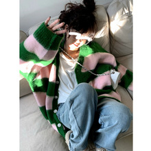 夢響】休閑小眾綠粉V領條紋針織毛衣外套2022秋季新款減齡開衫女