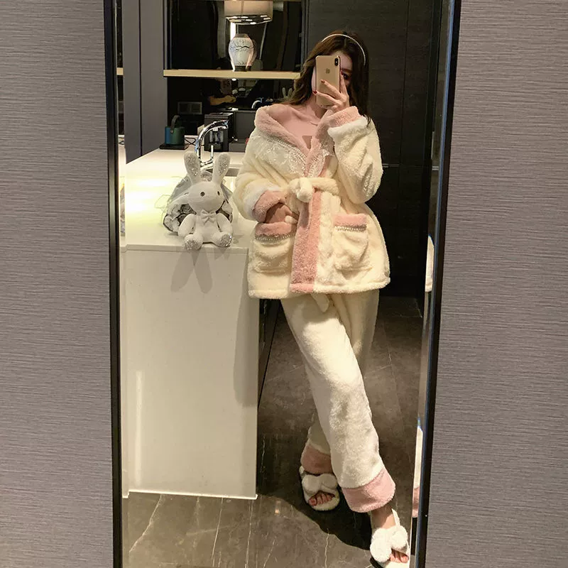 非лат Flannel зимняя теплая хлопковая демисезонная кораллово бархатная длинная пижама для принцесс, интернет-знаменитость, середина длины