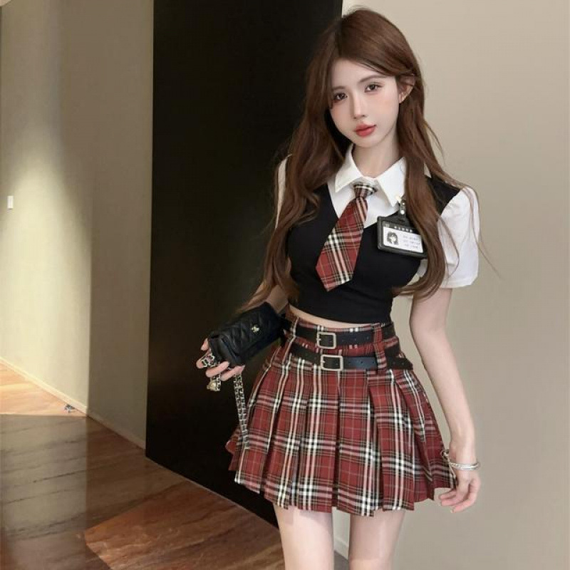 Hot Girl Preppy Style Suit Women's Summer Jk Uniform Fake Two-Piece Top High-Waisted Skirt Fashion Two-Piece Set