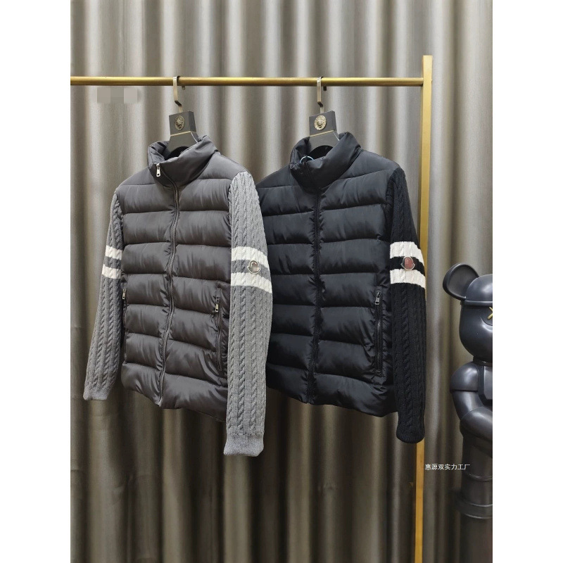Padded Corduroy Moncler Down Jacket with Knitted Sleeves, Stand Collar, Zipper, Striped Wool Patchwork Jacket for Men and Women Padded Corduroy Moncler Down Jacket with Knitted Sleeves, Stand Collar, Zipper, Striped Wool Patchwork Jacket for Men and Women