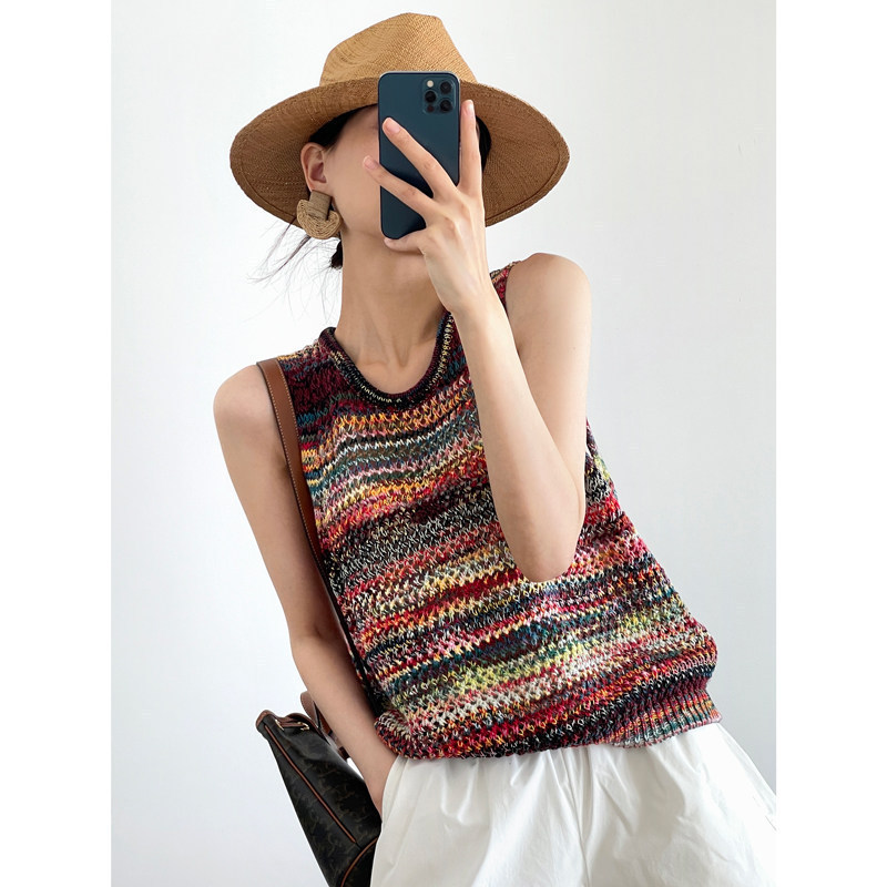 Exported to Korea's Dongdaemun! New Style Pure Cotton Rainbow Loose Sleeveless Hollow-Out Knitted Vest Top for Women