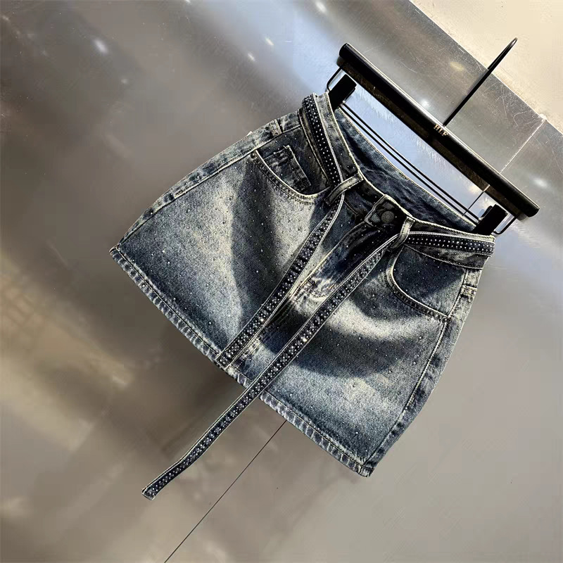 Retro Farbverlauf Denim Midi Rock Mit Strass Hochtailliert Slim_voghion.com