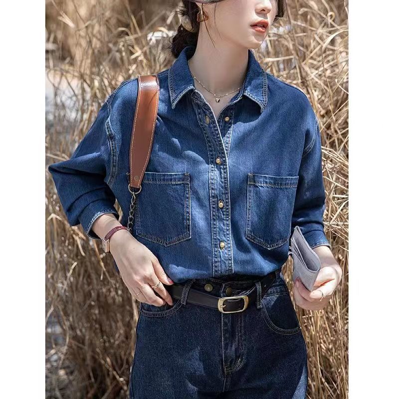 2025 Retro Dark Blue Soft Denim Long-Sleeved Shirt Autumn and Winter Loose Inner Layering Work Clothing Fleece-Lined Shirt for Women