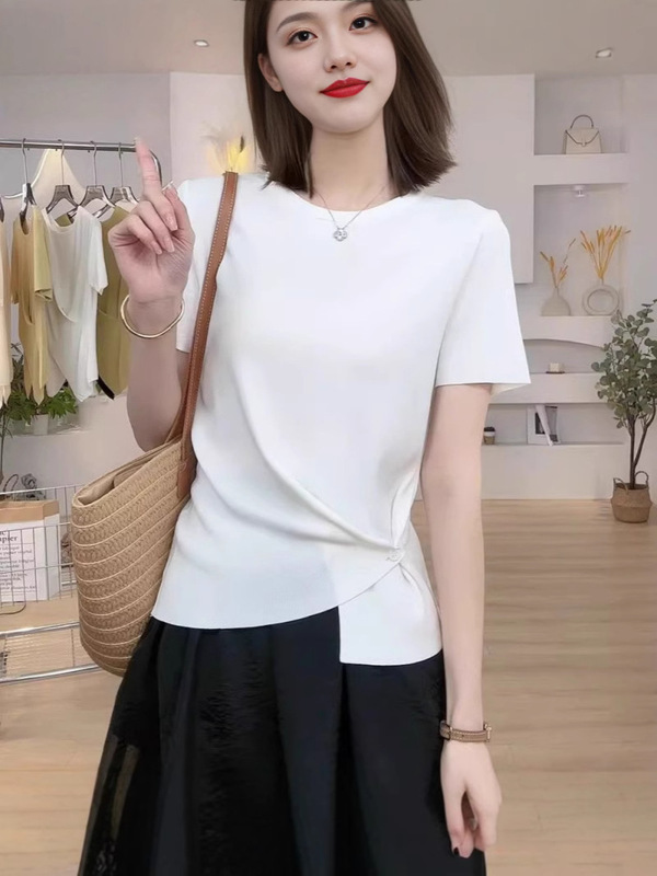 冰丝气质t恤女夏季新款短袖收腰显瘦设计感不规则减龄洋气上衣|undefined