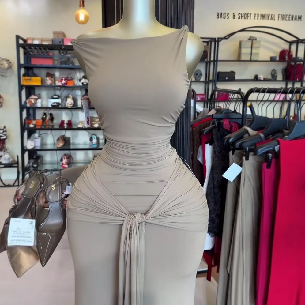 Women's Clothing Summer Style Women's Elegant Solid Color Sleeveless Top And Tie Up Slim Skirt Set Clothing_ecoleips.com