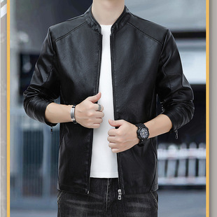 New Men's Stand Collar Pu Leather Jacket Fashion Slim Casual Trendy Men's Jacket Youth Autumn and Winter Motorcycle Jacket Men