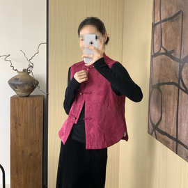 新中式玫红减龄马夹提花暗纹百搭唐装国风立领无袖秋季坎肩款马甲