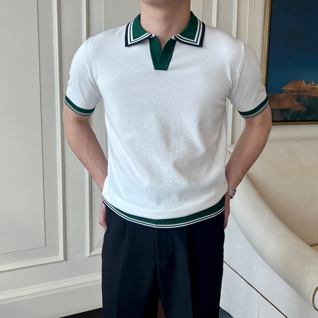 Verano nuevo estilo suéter de manga corta camisa POLO de color de contraste para hombres cuello en V cuello exterior negocios delgado camiseta comercio exterior al por mayor transfronterizo