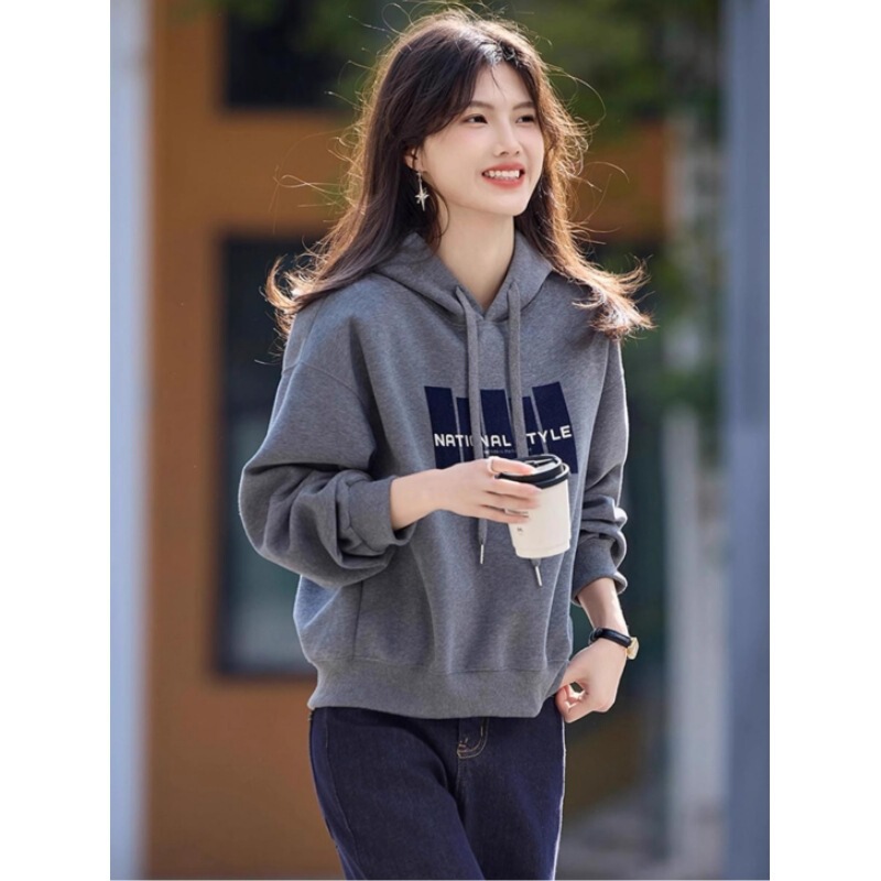 灰色抽绳印花连帽卫衣女春装2025新款宽松休闲帽衫小个子上衣|undefined