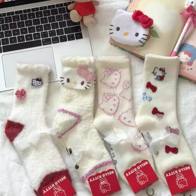 New Ins Cute Kitty Plush Thickeneded Socks Autumn and Winter Warm Cartoon Home Floor Socks Sweet Mid-Calf Socks