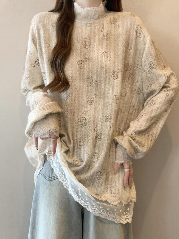 玫瑰提花半高领长袖T恤女秋季大码胖mm假两件蕾丝下摆中长款上衣|undefined