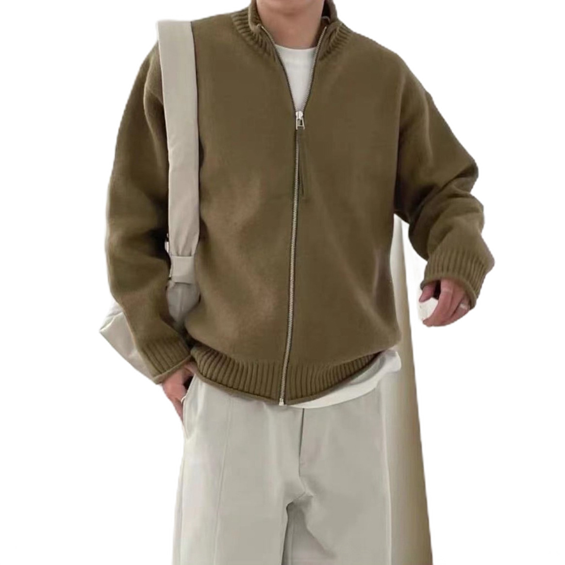 Explosiones transfronterizas de tamaño europeo suéter de punto de tamaño grande hombre chaqueta caliente de color sólido chaqueta con cremallera fábrica de negocios al por mayor