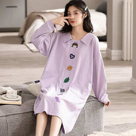 睡裙女纯棉长袖中长款连衣裙休闲卡通睡衣可外穿家居裙2023年新款