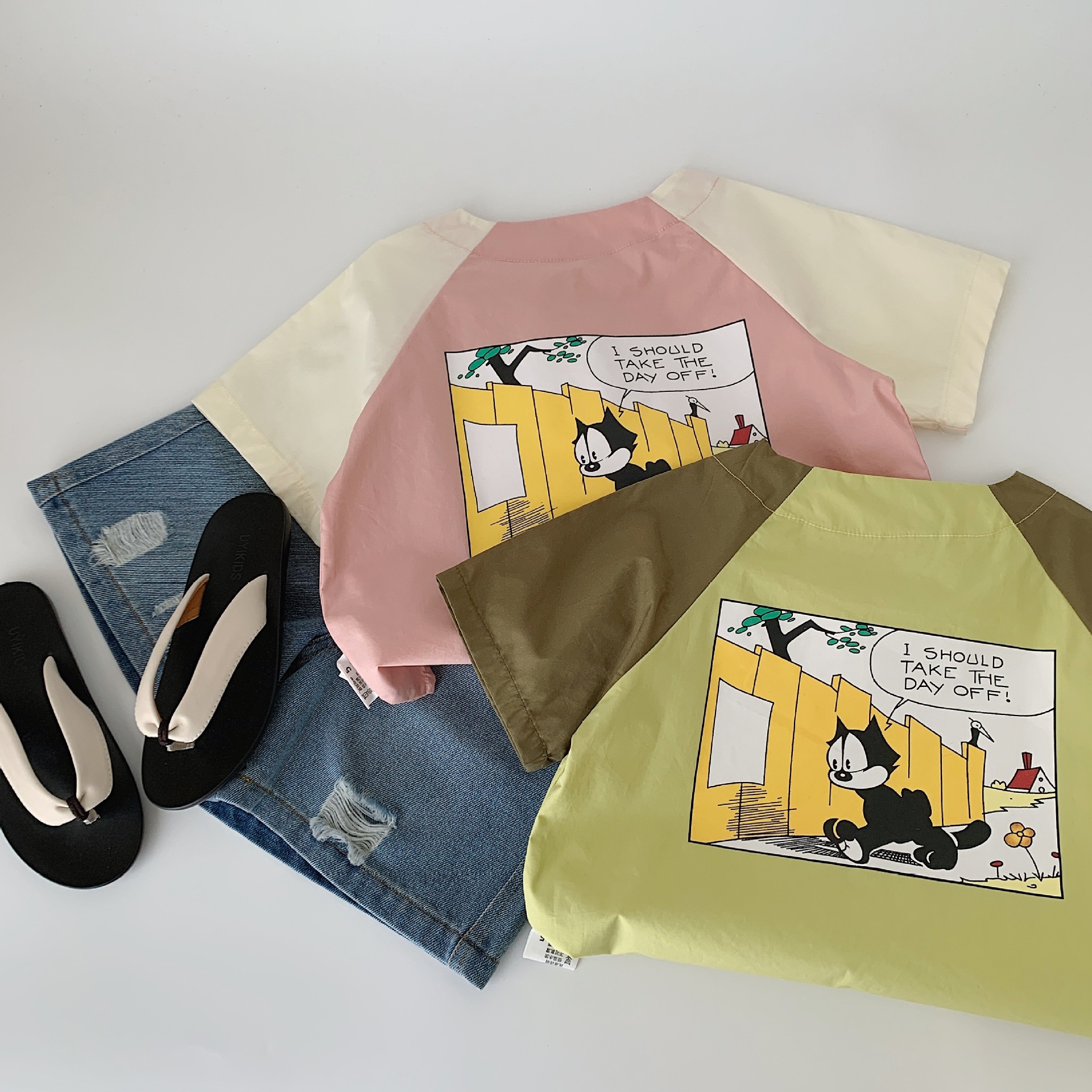 Maibao ropa para niños camisa de manga corta para niños 2025 verano nuevo estilo coreano niños y niñas dibujos animados a juego de algodón cardigan marea