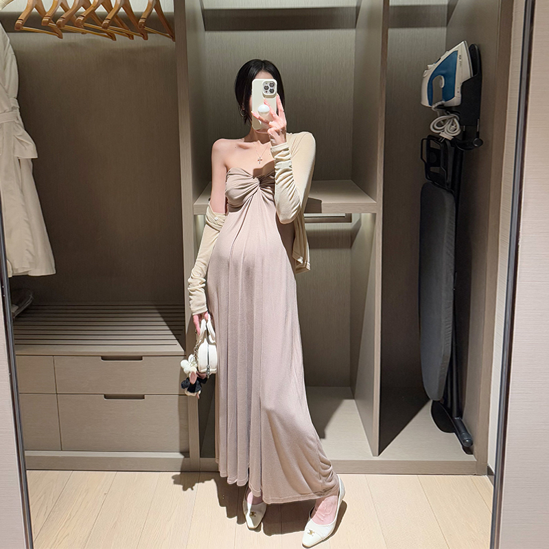 Golden Cocoon Pregnant Women's Autumn New French Tube Top Dress Sexy Hot Mom Dress Suit Knitted Long Skirt