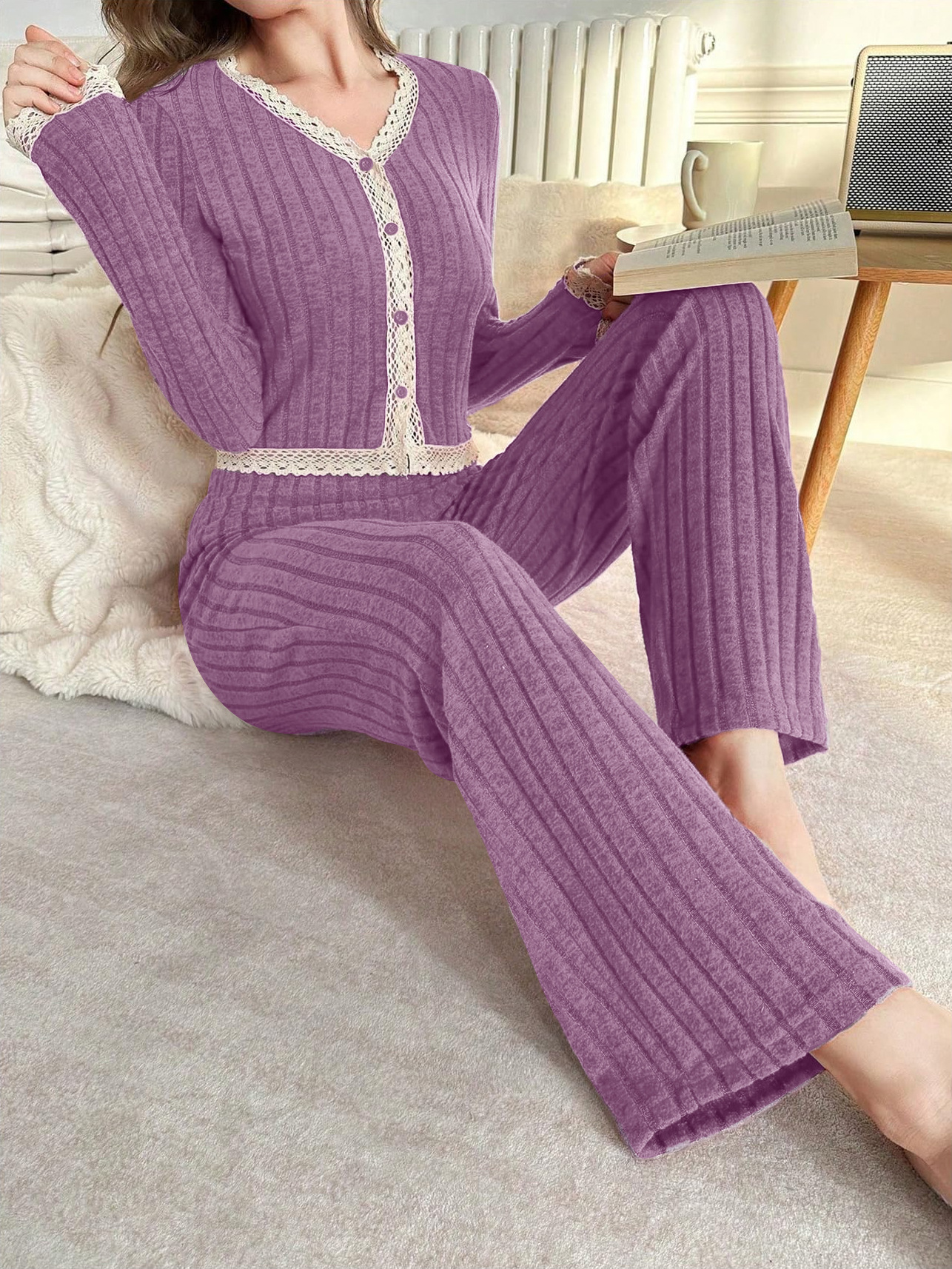 Women's Cropped Pajamas - Lace Trim Top & Pants Set, Stylish Home Wear_voghion.com