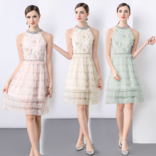 气质名媛重工钉珠珠片修身蓬蓬蛋糕裙2025显瘦网纱礼服挂脖连衣裙