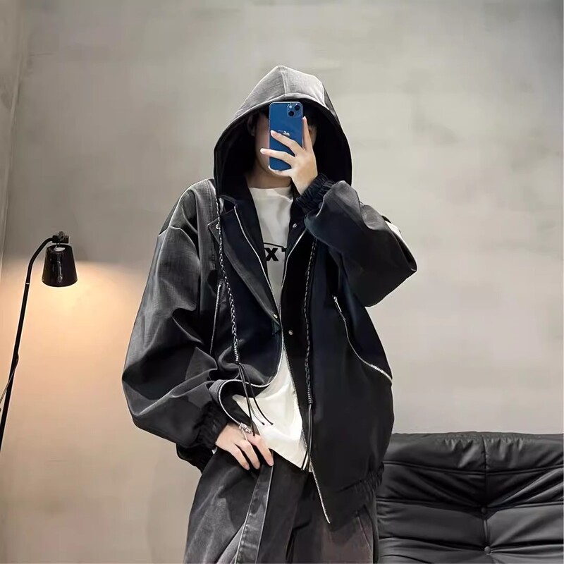 Hooded Leather Jacket for Men and Women, American Style, Simple and Loose, Autumn Couple Casual Zipper Coat, Versatile Trendy Top