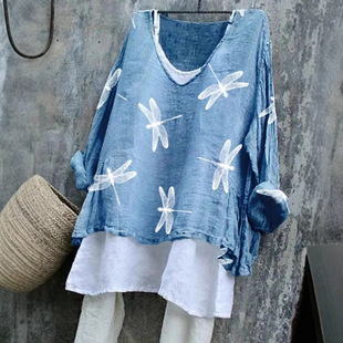 Foreign Trade Cross-border 2025 Summer New Amazon Women's Pullover Loose Casual Long Sleeve 3D Printed Pullover T-Shirt