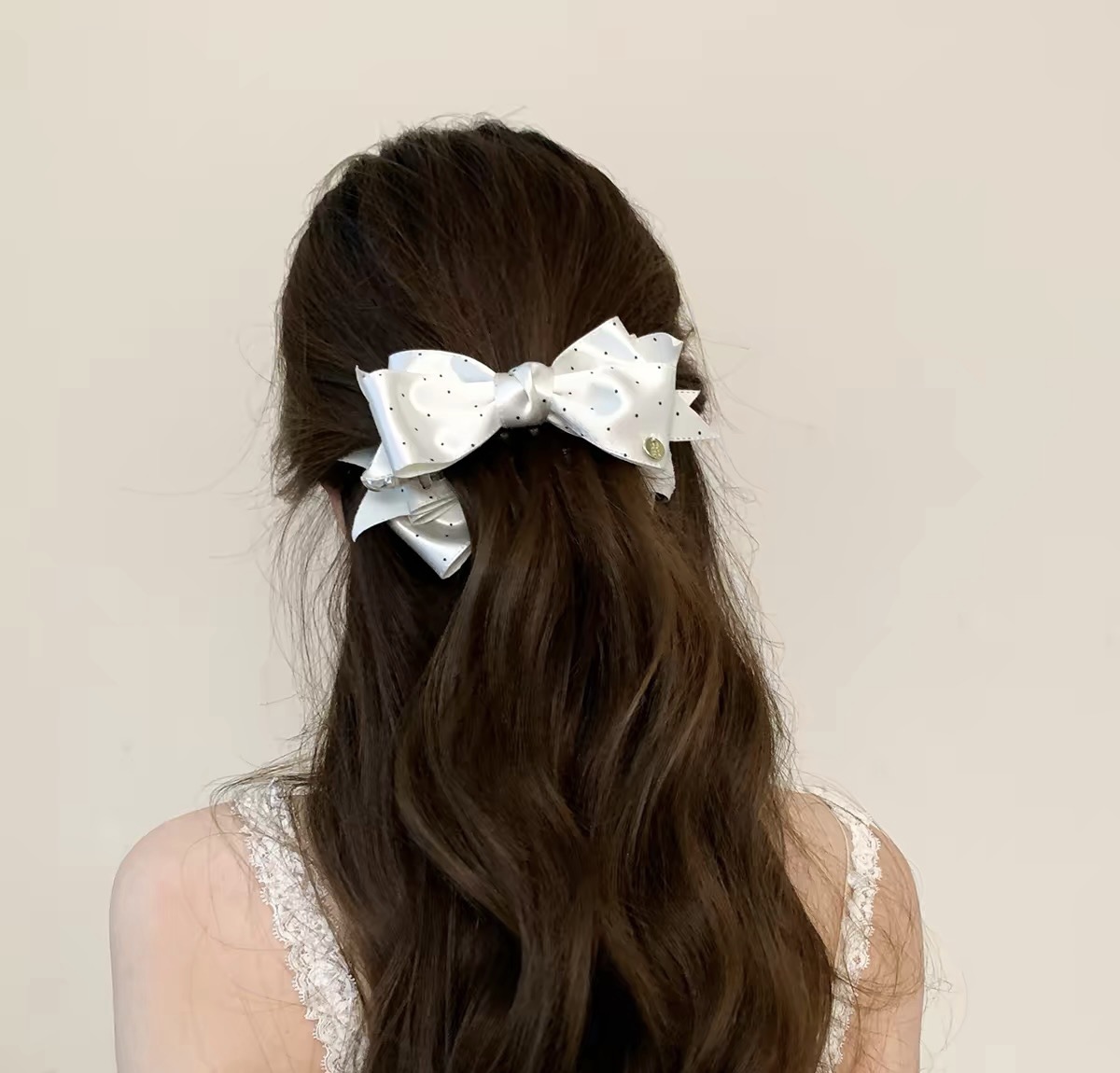 89# off-white satin polka dot bow banana twist hair clip - 10cm