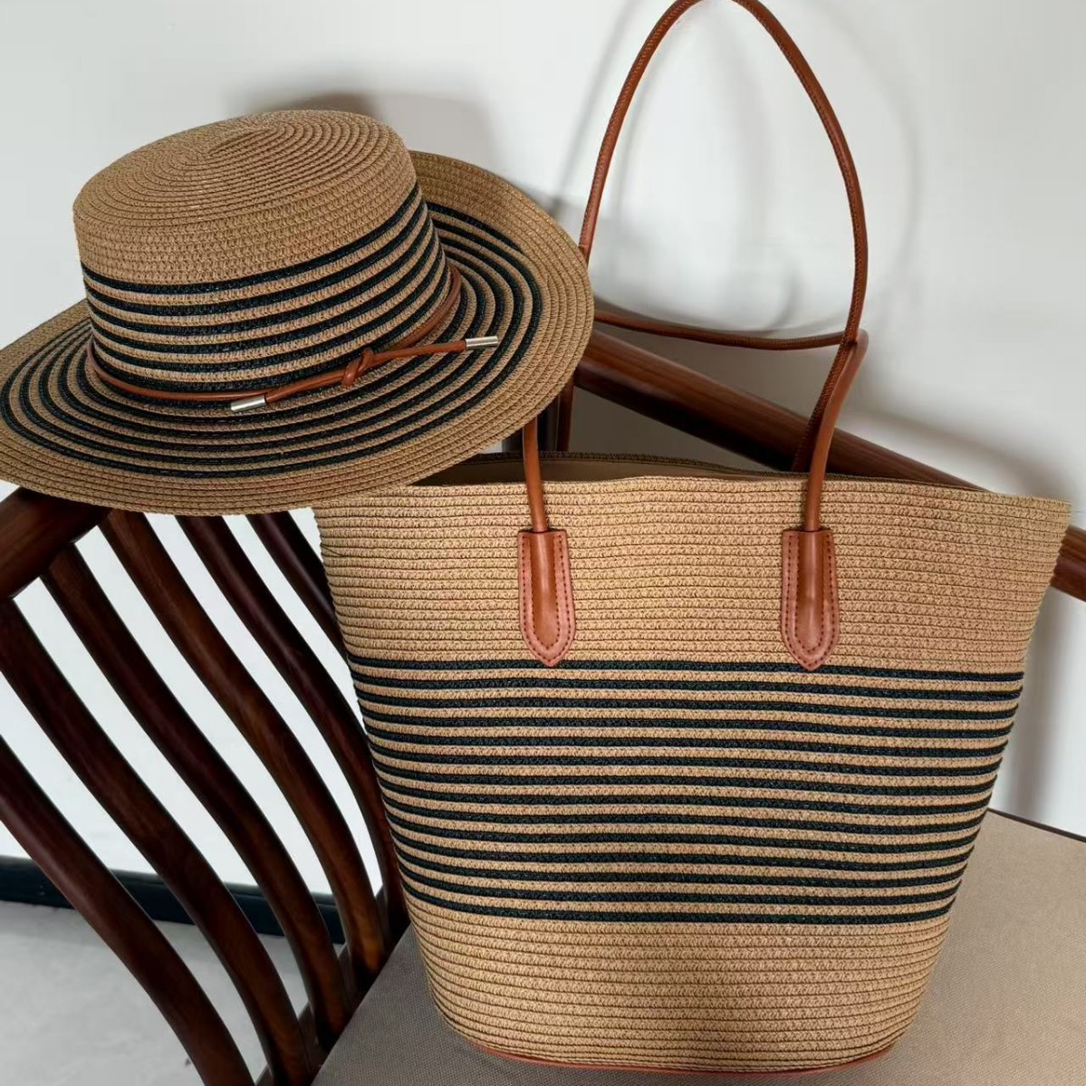 新款皮底手工编织包大容量草编包包遮阳防晒草帽套装休闲度假风