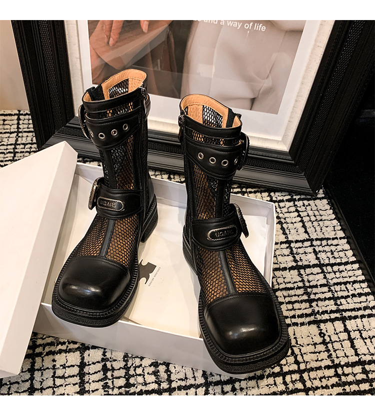 Boot nữ cổ thấp dây buộc phối khóa, đế dày platform lưới thoáng khí — màu nâu, màu đen chi tiết 19
