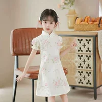 Платье для девочек, лето 2023, новое тонкое детское платье принцессы Cheongsam, летнее платье для маленьких девочек, юбка в национальном стиле с короткими рукавами