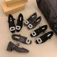 法式高级感灰色粗跟高跟方头水钻呢子加绒女秋冬季浅口玛丽珍鞋子