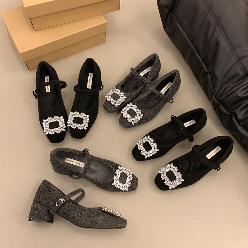 法式高级感灰色粗跟高跟方头水钻呢子加绒女秋冬季浅口玛丽珍鞋子