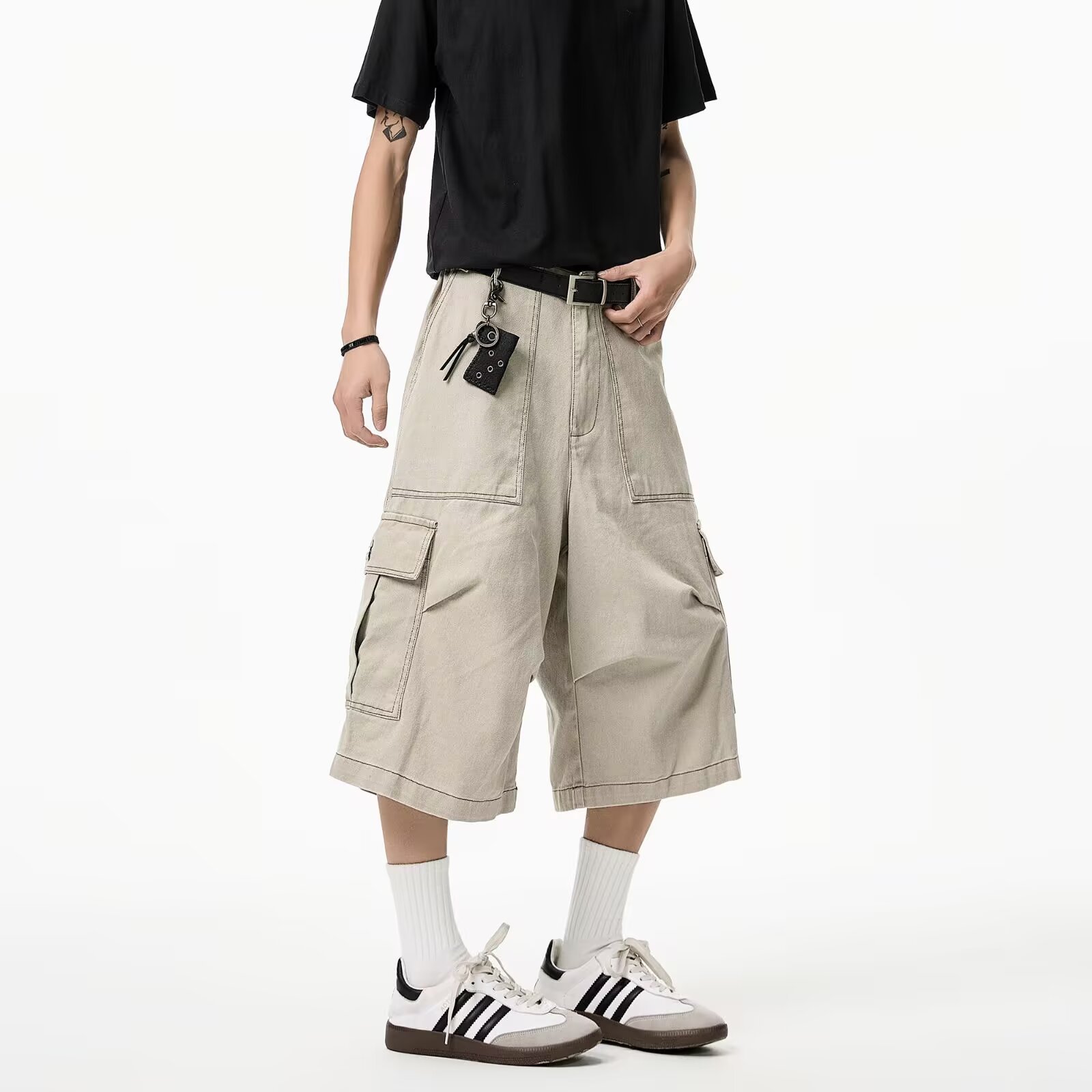 American Retro Workwear Multi-Pocket Cropped Pants Men 2025 Summer New Trendy Brand Loose Straight Casual Shorts