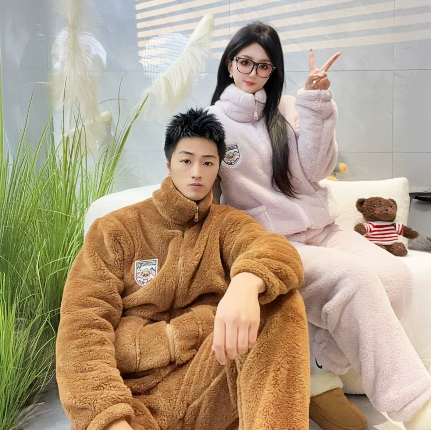 Взрывная плюшевая толстая женская пижама теплая молния с молнией