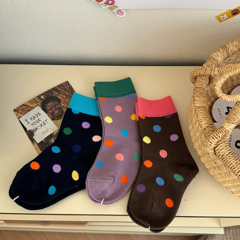 Korean Style Socks for Girls, Pure Cotton Polka Dot Socks, Autumn and Winter Trendy Ins Style, All-Cotton Seamless Sweat-Absorbing and Odor-Resistant Round Dot Mid-Calf Socks