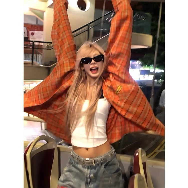 2025 春夏チェック柄シャツ女性の怠惰なスタイルルーズカジュアルシャツアメリカンレトロ長袖日焼け止めトップジャケット|undefined