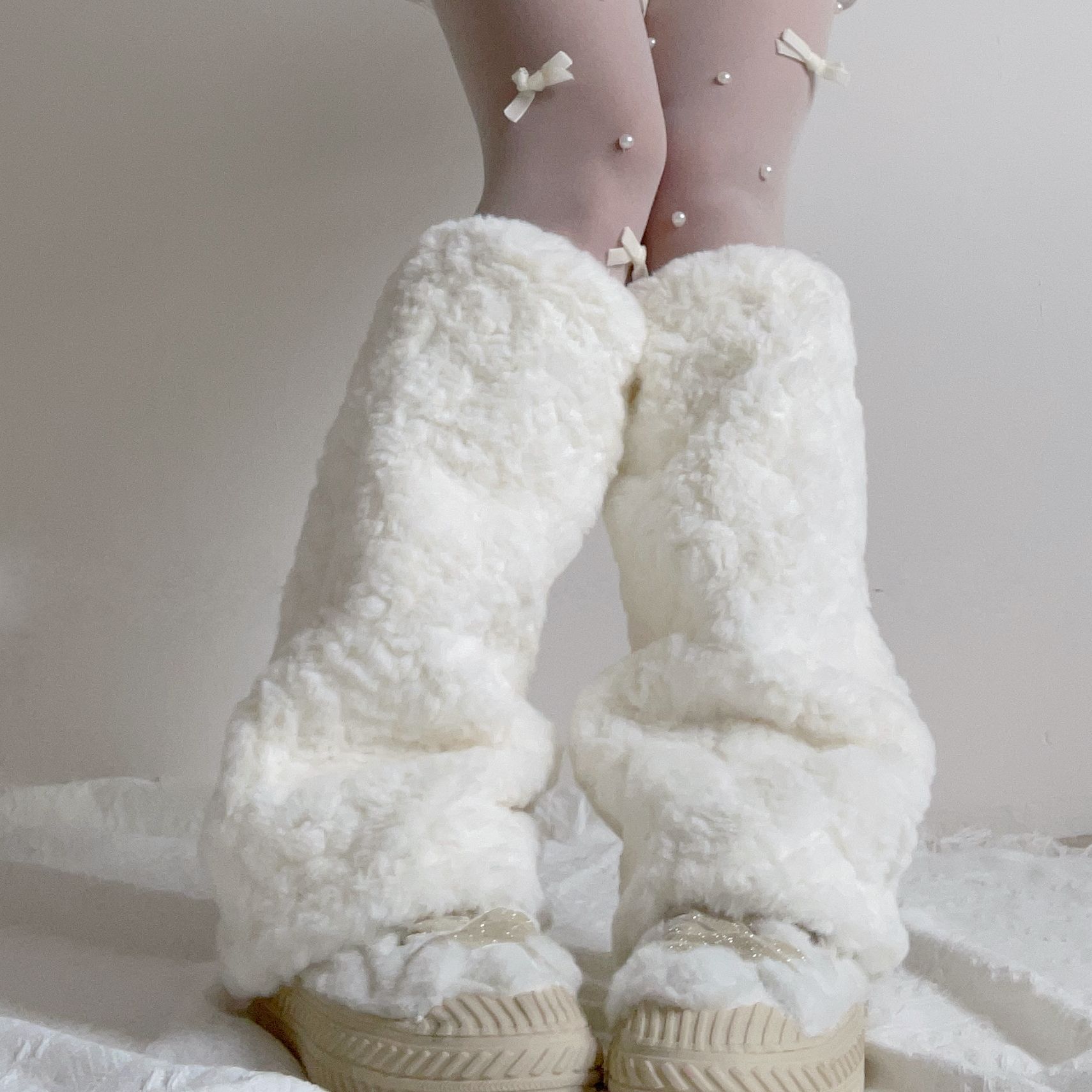 Otoño y invierno adorable Y2K hot girl arco pierna cubierta calentamiento peludo chica Lolita peludo cubierta peludo calcetines