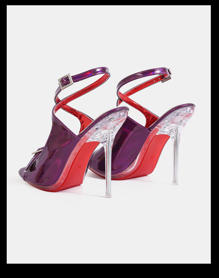 Giày sandal cao gót nữ mũi nhọn da bóng quai ngang khóa cài gót siêu cao — Màu be, Màu bạc, Màu trắng, Màu tím chi tiết 13
