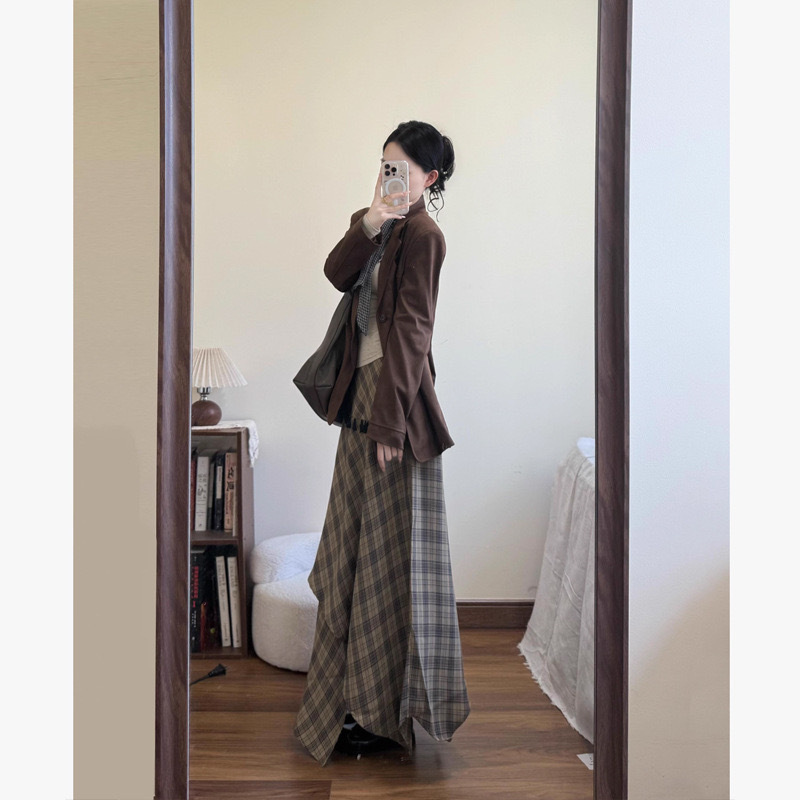法式简约风温柔麂皮绒西装外套女小个子+流苏格纹裙 2025秋季新款|undefined