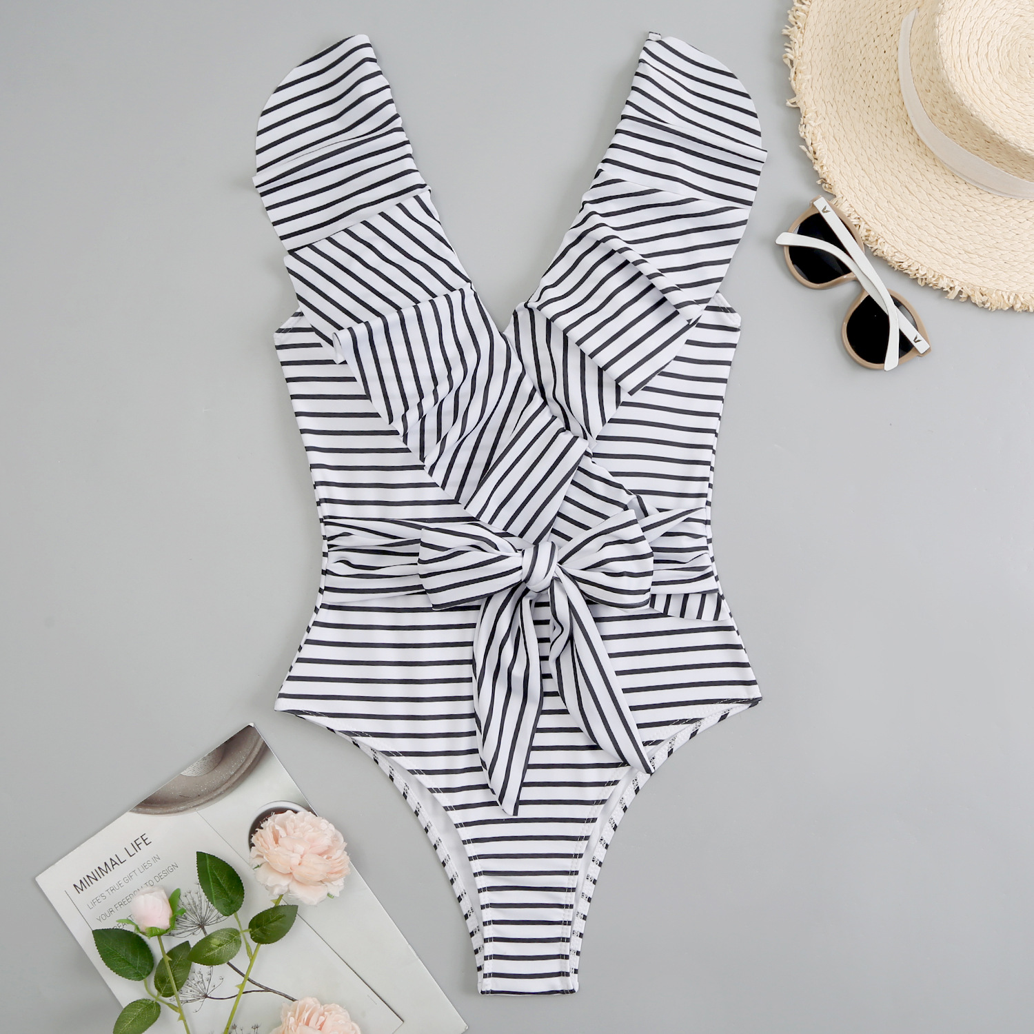 print/solid color ruffled edge lace-up one-piece swimsuit  NSJHD123402