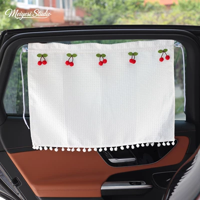 Car sunshade waffle curtain with suction cup attachment, cherry pattern, cartoon sun-blocking and heat-insulating car curtain