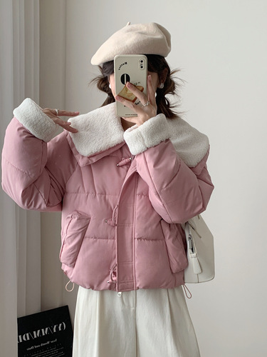 Winter new style down cotton coat, women's short, small, horn button, warm cotton coat, lamb hair cotton coat, coat