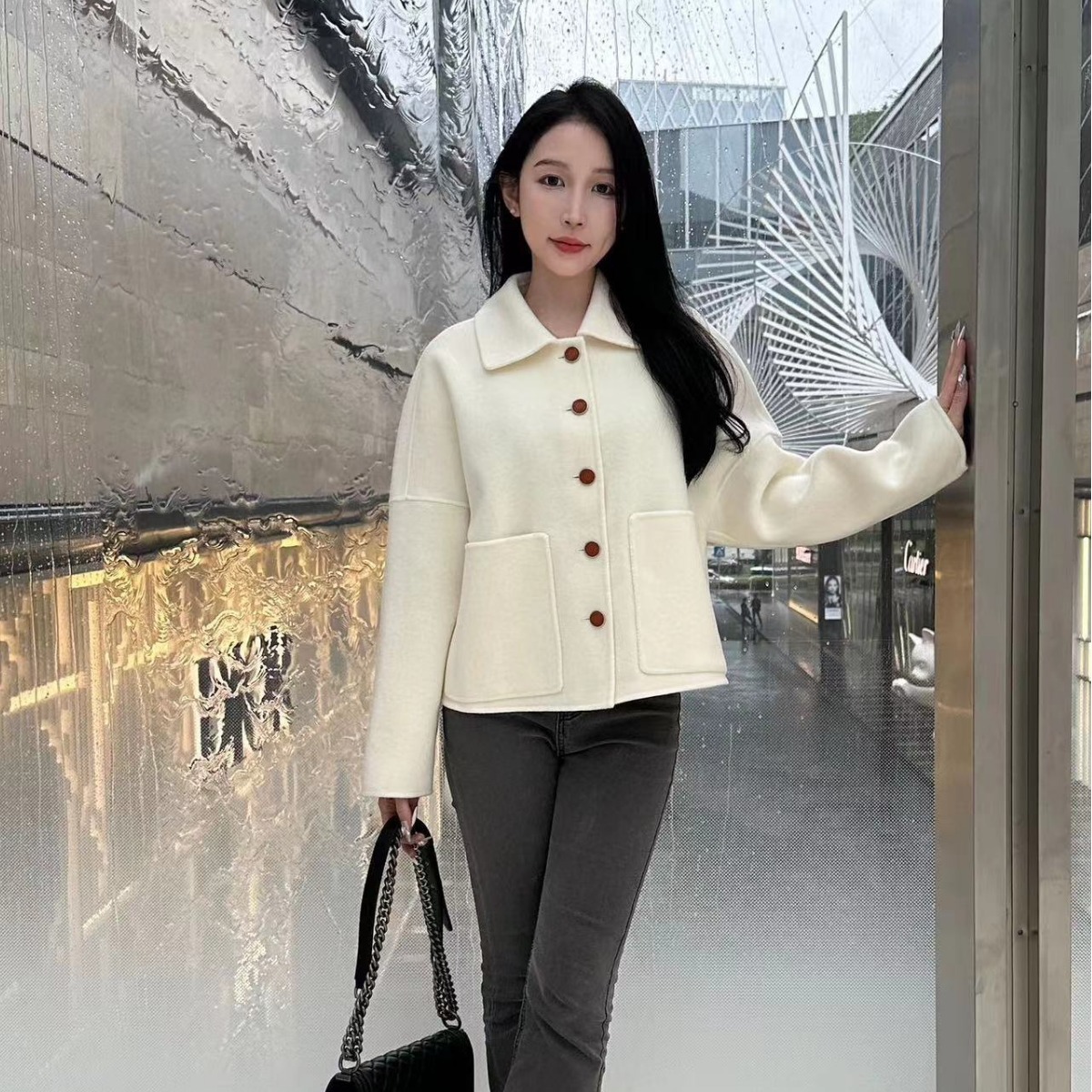 심천 난유 2025 가을 겨울 신상 양면 손바느질 캐시미어 블레이저 칼라 패셔너블하고 다재다능한 여성용 숏 코트