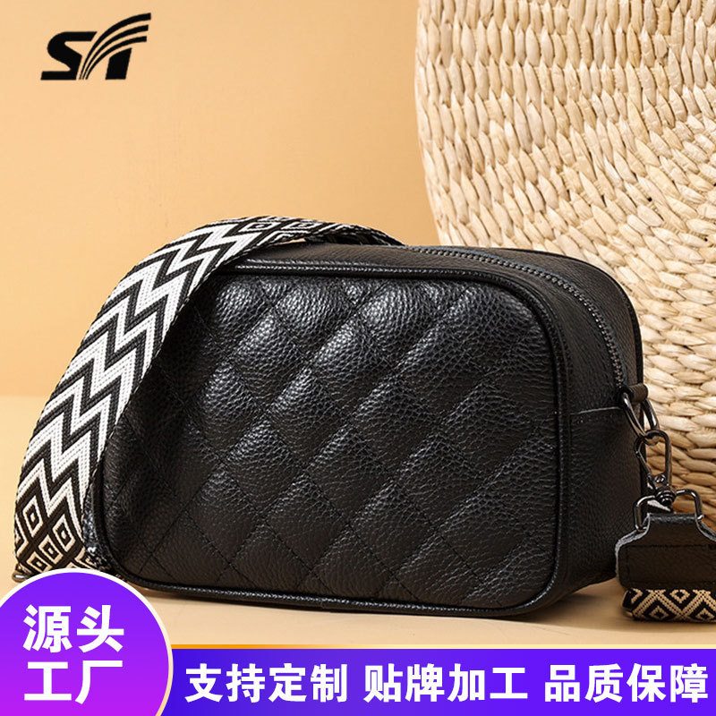 Cross-border first layer cowhide messenger bag for women new all-match rhombus wide shoulder strap small square bag fashion genuine leather messenger bag