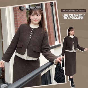63645丨Elegant Small Fragrant Style Woolen Outwear and Skirt Two-Piece Set Autumn and Winter Fat mm Plus Size Women's Two-Piece Set