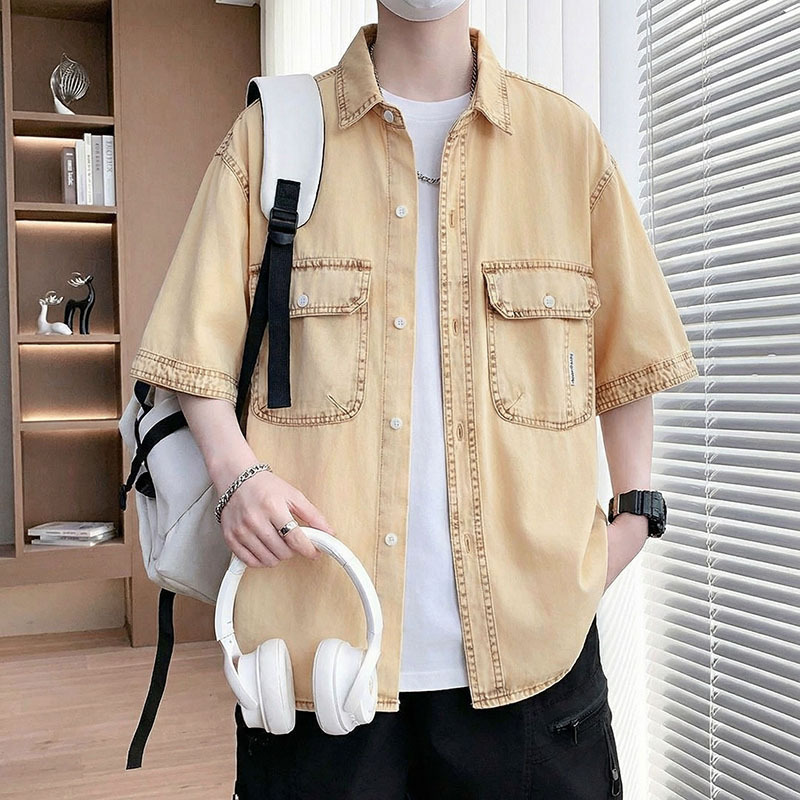 Denim Shirt Short-Sleeved Handsome Loose Casual Top Men's High-End Cotton Cardigan Youth Fashion Shirt