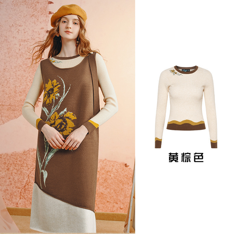 Van Gogh Art 2025 Autumn New Vintage Embroidered Color-Block Knitted Sweater for Women Van Gogh Art 2025 Autumn New Vintage Embroidered Color-Block Knitted Sweater for Women