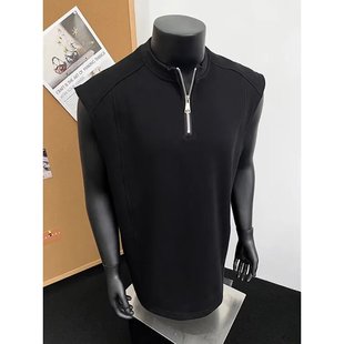 Solid Color American Half-Zip Sports Vest Men's Summer Design Heavy Sleeveless T-Shirt Fitness Training Sweatshirt