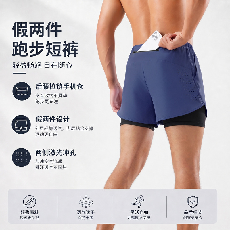 Summer Sports Shorts Men's Marathon Running Three-point Fitness Shorts Double Layer Anti-walking Beach Swimming Trunks